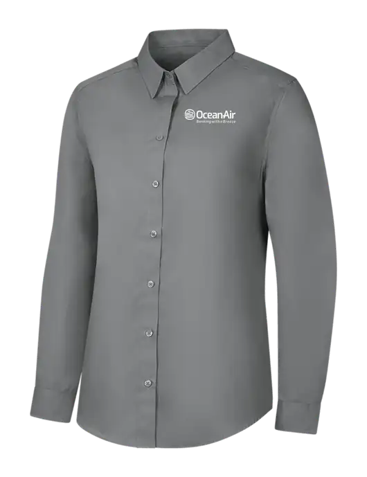 Womens Medium Grey Long Sleeve Carefree Poplin Shirt w/OceanAir Logo