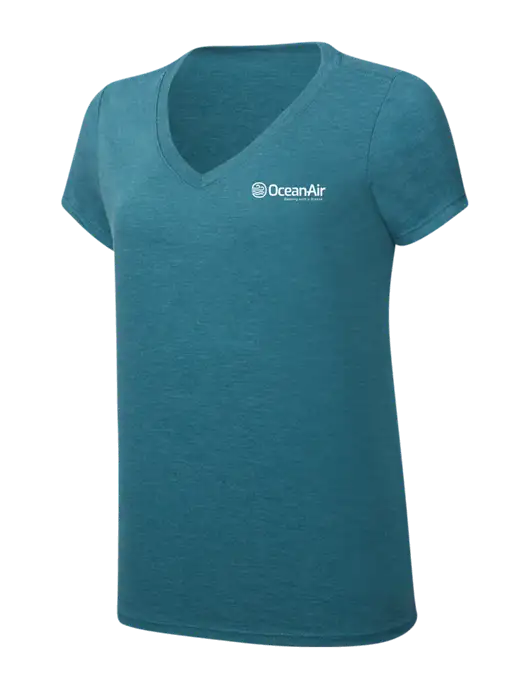 Womens Simply Soft V-Neck Heather Teal 4.5oz  Poly/Combed Ring Spun Cotton T-Shirt w/OceanAir Logo