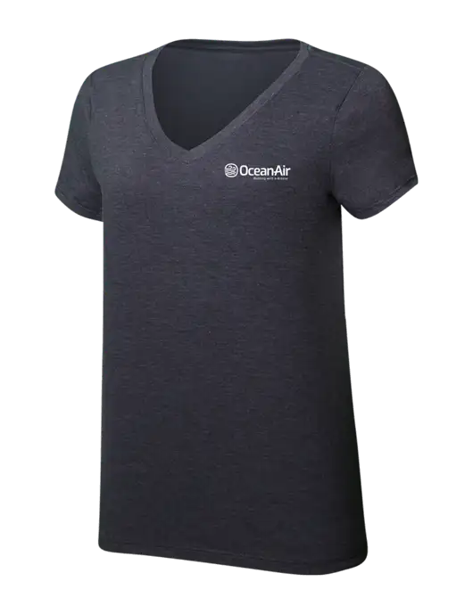 Womens Simply Soft V-Neck Heather Charcoal 4.5oz  Poly/Combed Ring Spun Cotton T-Shirt w/OceanAir Logo