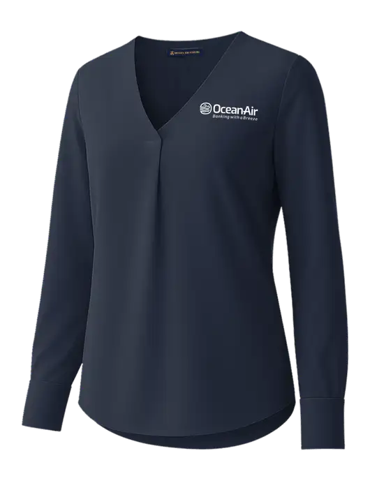 Brooks Brothers Womens Dark Navy Open-Neck Satin Blouse  w/OceanAir Logo