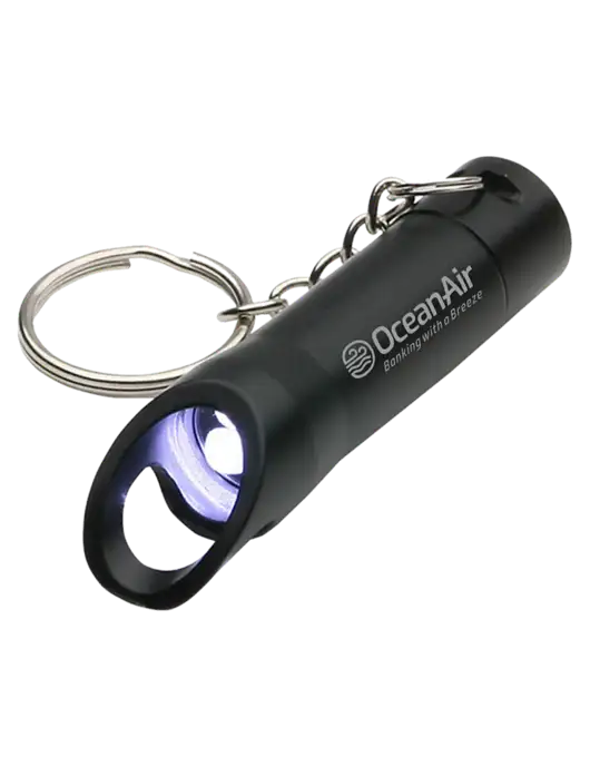 Black Pocket LED Flashlight with Bottle Opener & Keychain w/OceanAir Logo
