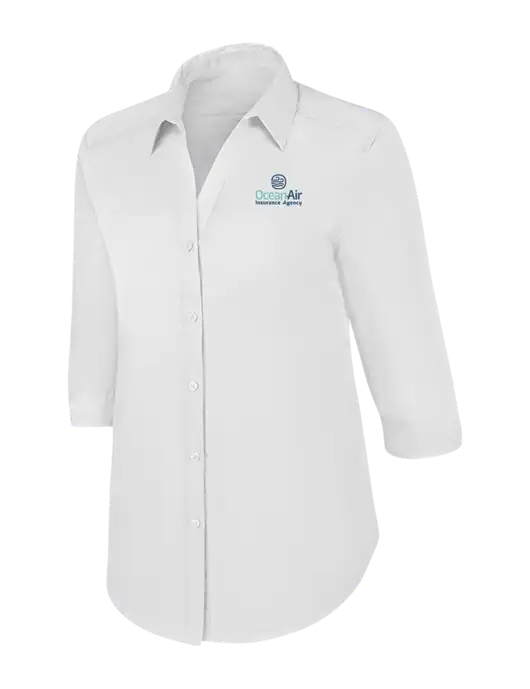 Womens White 3/4 Sleeve Carefree Poplin Shirt w/Insurance Logo
